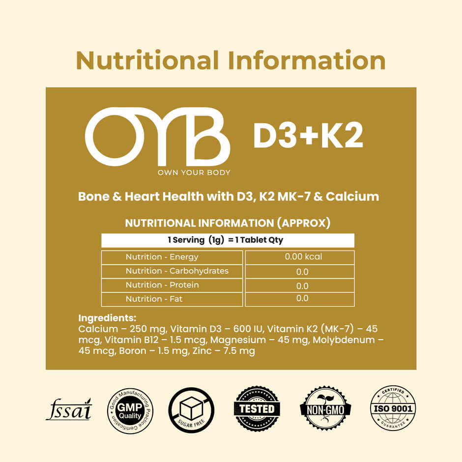OYB D3 + K2 for Bone & Heart Health with D3, K2 MK-7 & Calcium | 60 Tablets | OYB D3 + K2