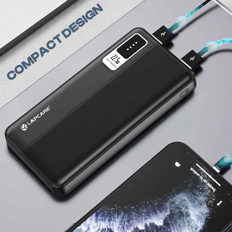 Lapcare Blaze 10000Mah Wired Power Bank | Dual USB Port + PD 22.5W Fast Charging USB Type-C Input | Led Indicator | Light Weight | Compact & Slim Design | Made in India - Black