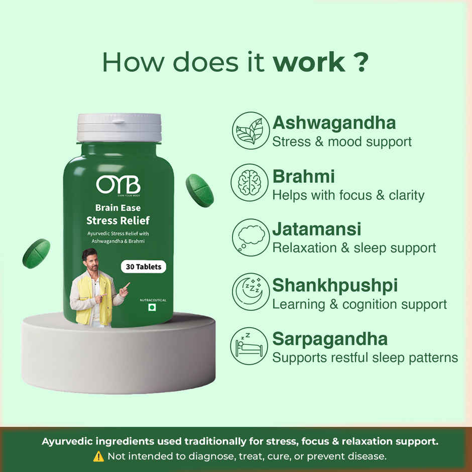OYB Brain Ease Stress Relief with Ashwagandha & Brahmi for Calm Mind, Focus & Anxiety | 30 Tablets