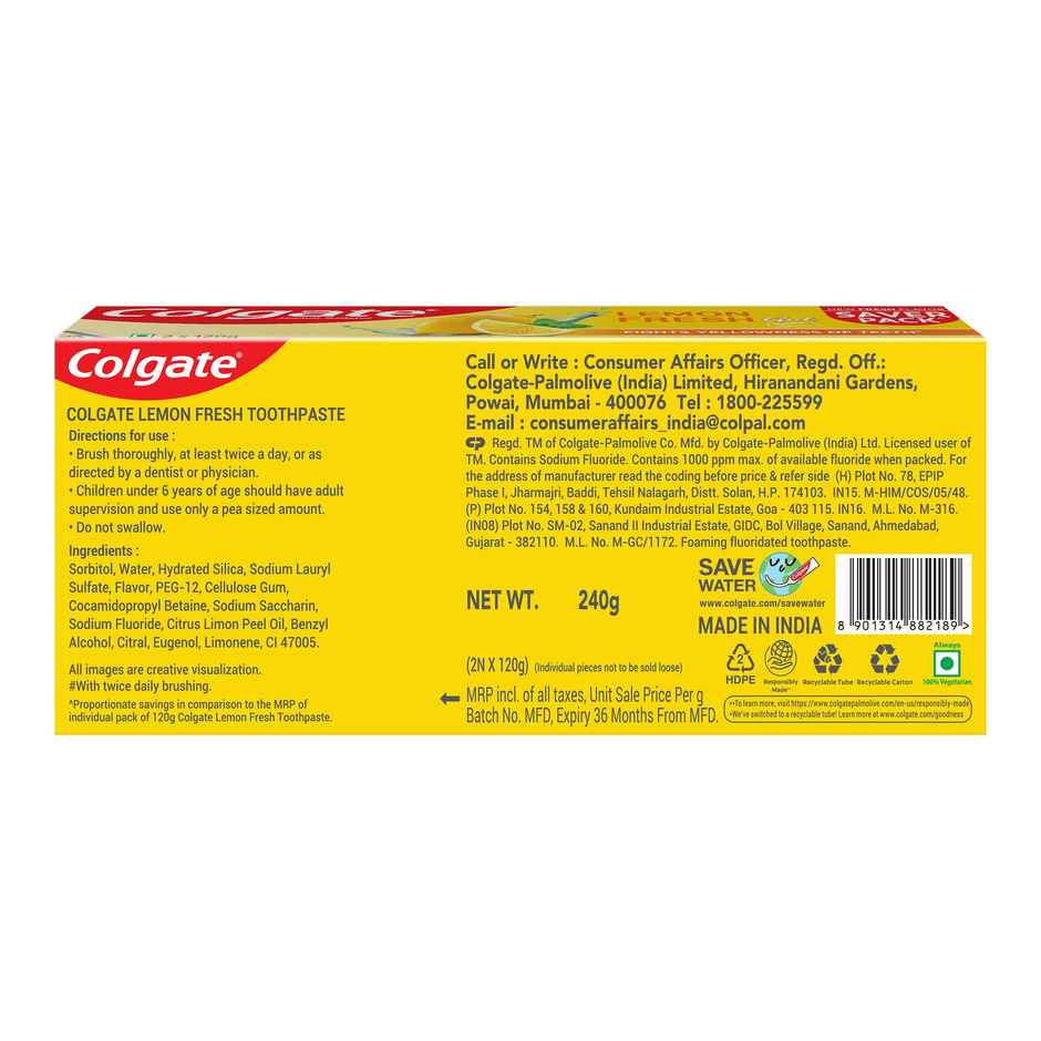 Colgate Lemon Fresh Gel Toothpaste | Fights Yellowness of Teeth | Freshens Breath