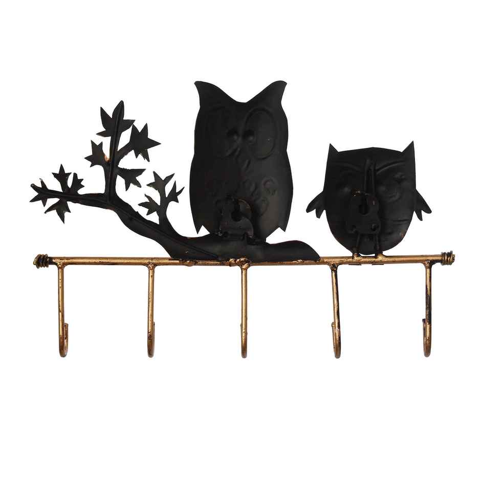 eCraftIndia Iron 2 Owl Birds Sitting On Tree Branch Decorative Key Holder With 5 Key Hooks For Wall