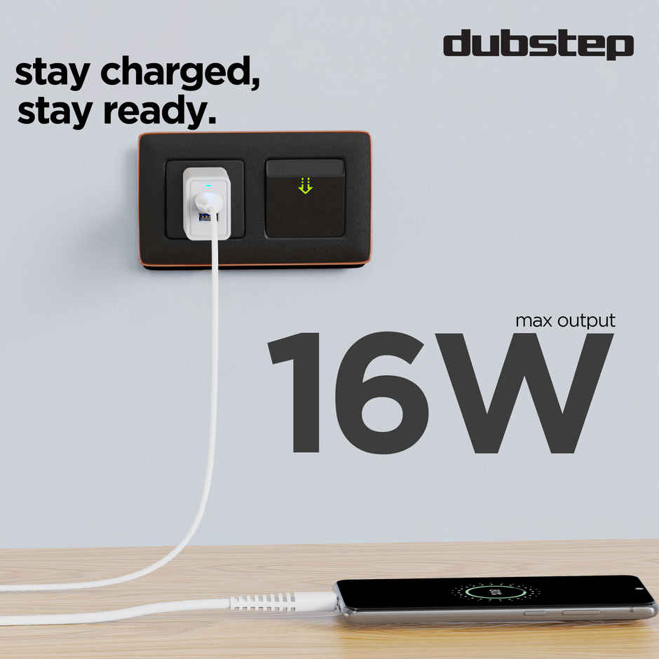 Dubstep Sprint 16W Dual USB Port Wall Charger with 1M Type-C Cable, Multi-Layer Smart Chip Protection, Fast Charging Adaptor for All iOS & Android Devices - White