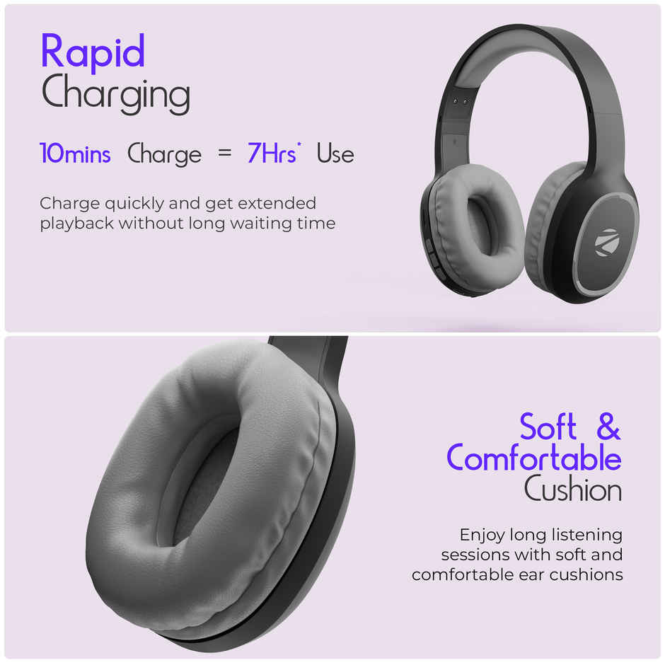 ZEBRONICS THUNDER Bluetooth 5.3 Wireless Headphones with 60H Backup, Gaming Mode, Dual Pairing, ENC, AUX, Micro SD, Voice assistant, Comfortable Earcups, Call Function - Black