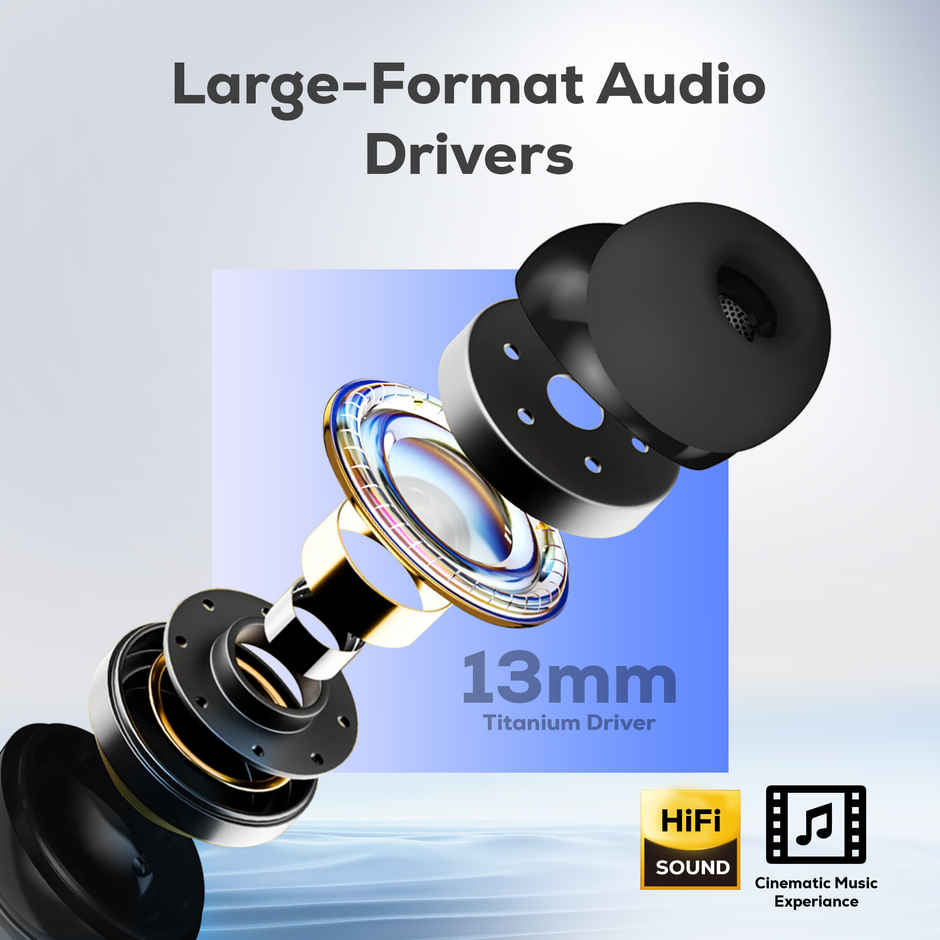 Truke Mega 12 Buds with 70H Playtime Leather Textured Finish Spatial Audio 13mm Drivers Ash Black