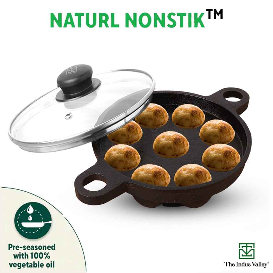 The Indus Valley Super Smooth Cast Iron Paniyaram Pan with Glass Lid | 9 Pit, 20.8cm/8.2inch, 2.7kg