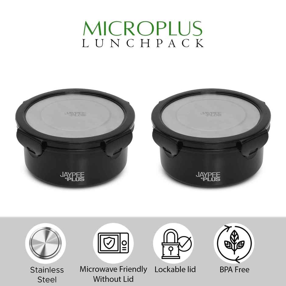 Jaypee Plus Microplus Inner Stainless Steel Leak Proof Lunch Box with Bag | Black - 2 x 400 ml