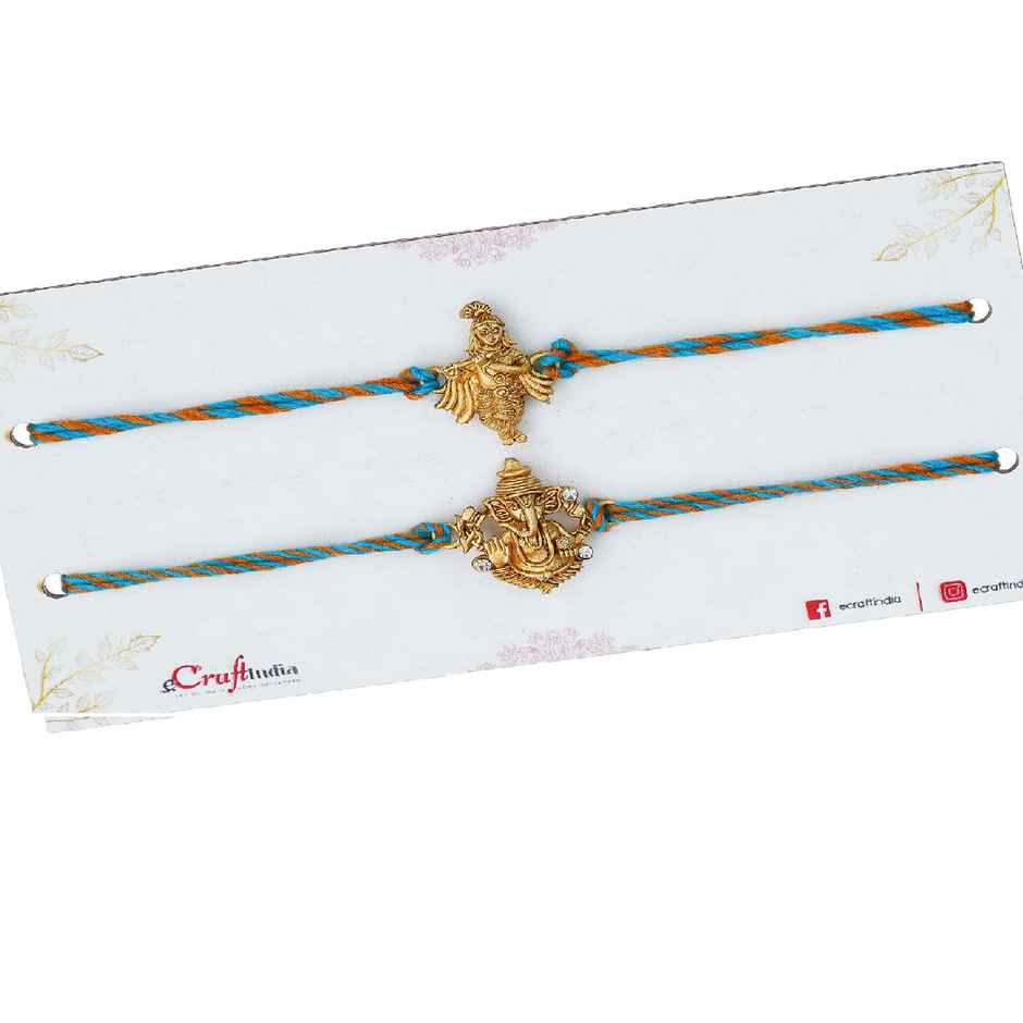 Religious Blue, Orange & Golden Rakhi | Krishna & Ganesha with Roli Chawal | Pack of 2 | Ecraftindia
