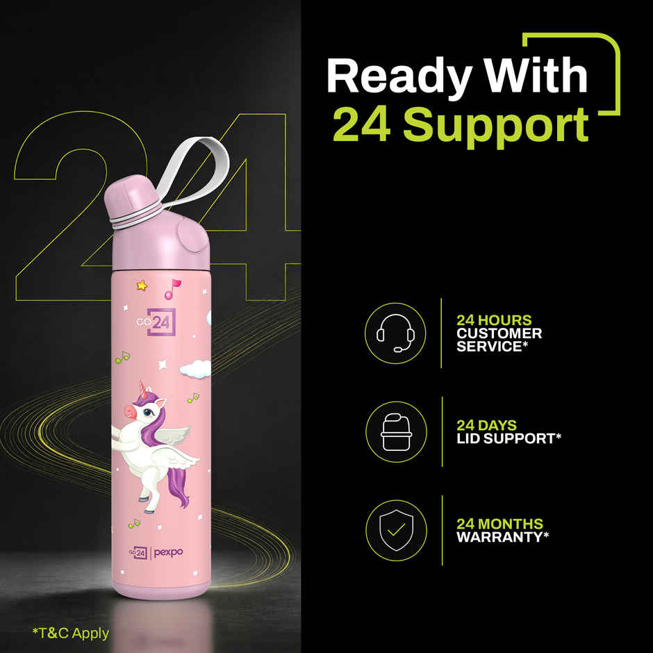 Go24 | Pexpo Stainless Steel Pico Cute Sipper Hot & Cold Water Bottle | Unicorn UV Printed | Pink | 500 ml