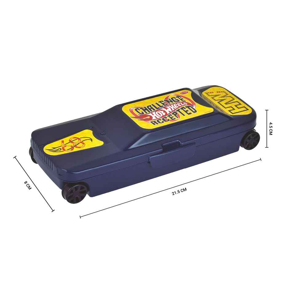 PRATAP Racing Car Pencil Box with Wheels | 2 Compartment | D.Blue | Hot Wheels