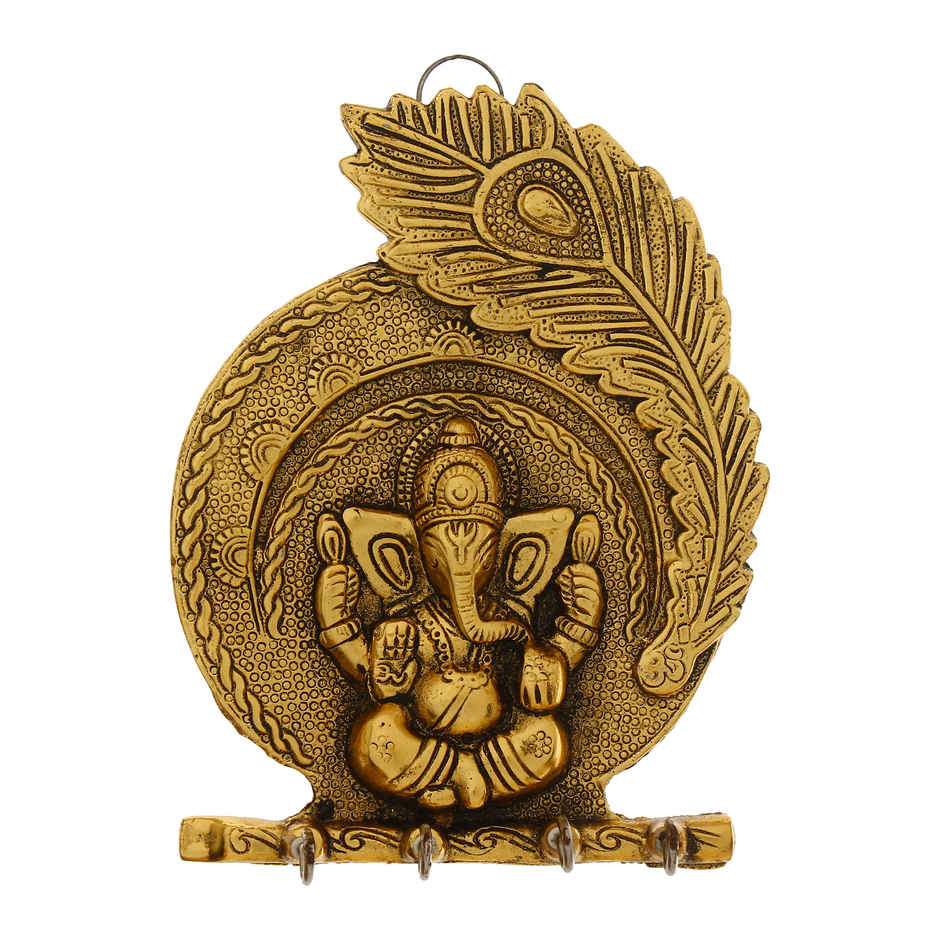 eCraftIndia Golden Metal Lord Ganesha And Peacock Feather Designer Key Holder With 4 Hooks For Wall