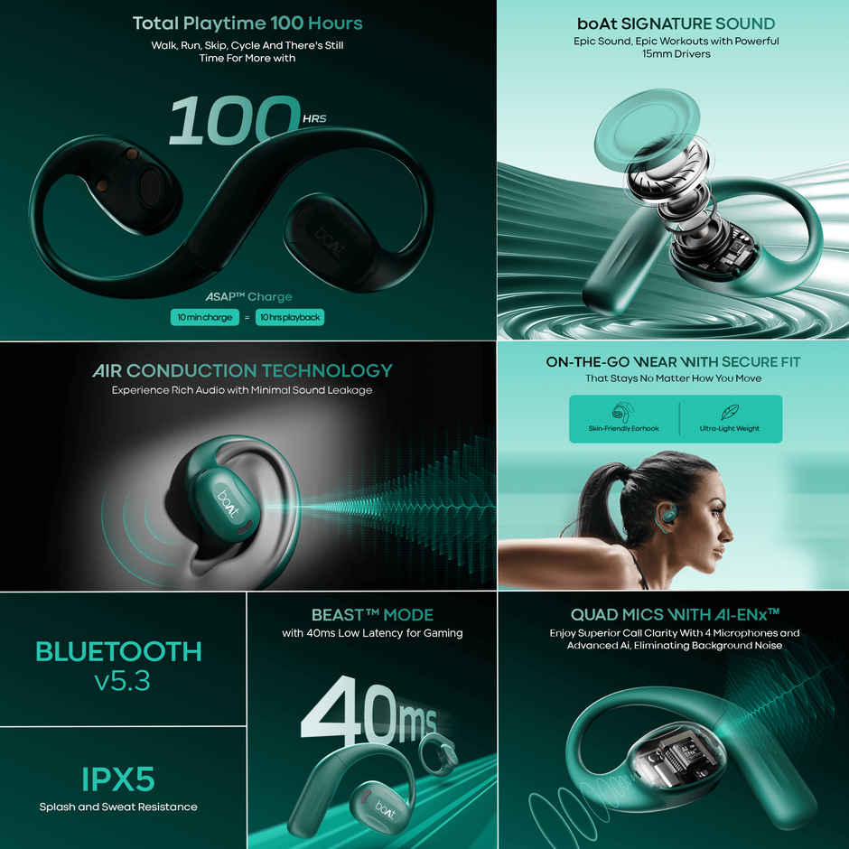 boAt Airdopes Progear Open Ear TWS Earbuds for Outdoor Sports W/Air Conduction Tech,in Ear,4 Mics W/Ai-Enx,100Hrs Playback,15Mm Drivers,Secure Fit,Beast Mode W/ 40Ms Latency,ASAP Charge - Green