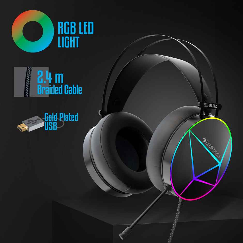 Zebronics Blitz Usb Gaming Wired On Ear Headphones With Mic & Dolby Atmos, Padded Cushions (Black)