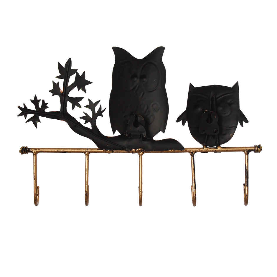 eCraftIndia Iron 2 Owl Birds Sitting On Tree Branch Decorative Key Holder With 5 Key Hooks For Wall