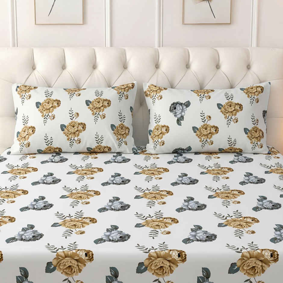 Raymond Home 120 GSM Hazel Floral Double Bedsheet with 2 Pillow Covers White