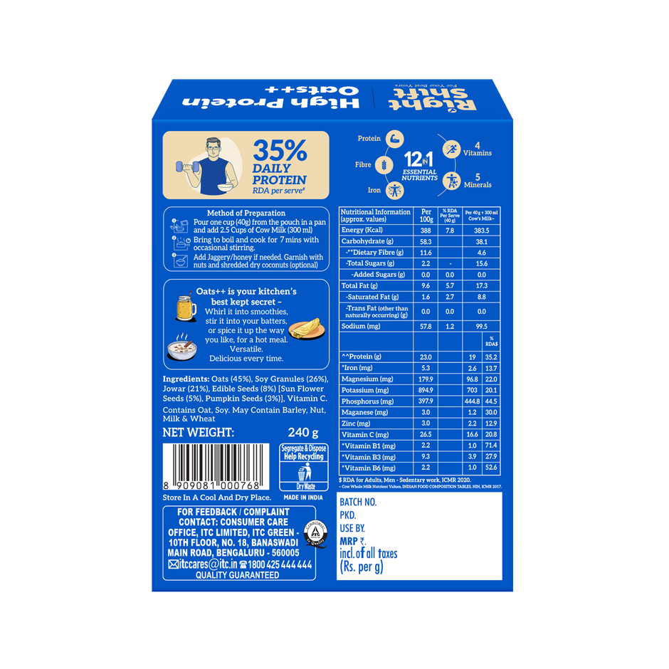 Right Shift High Protein Oats++ | With Millets and Seeds | 23g Protein, 11g Fibre 