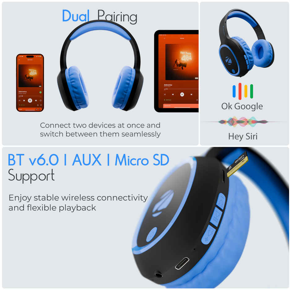 Zebronics Thunder BT 5.3 Headphone, 60H, Gaming Mode, Dual Pairing, ENC, AUX, mSD, Voice Asst(Blue)