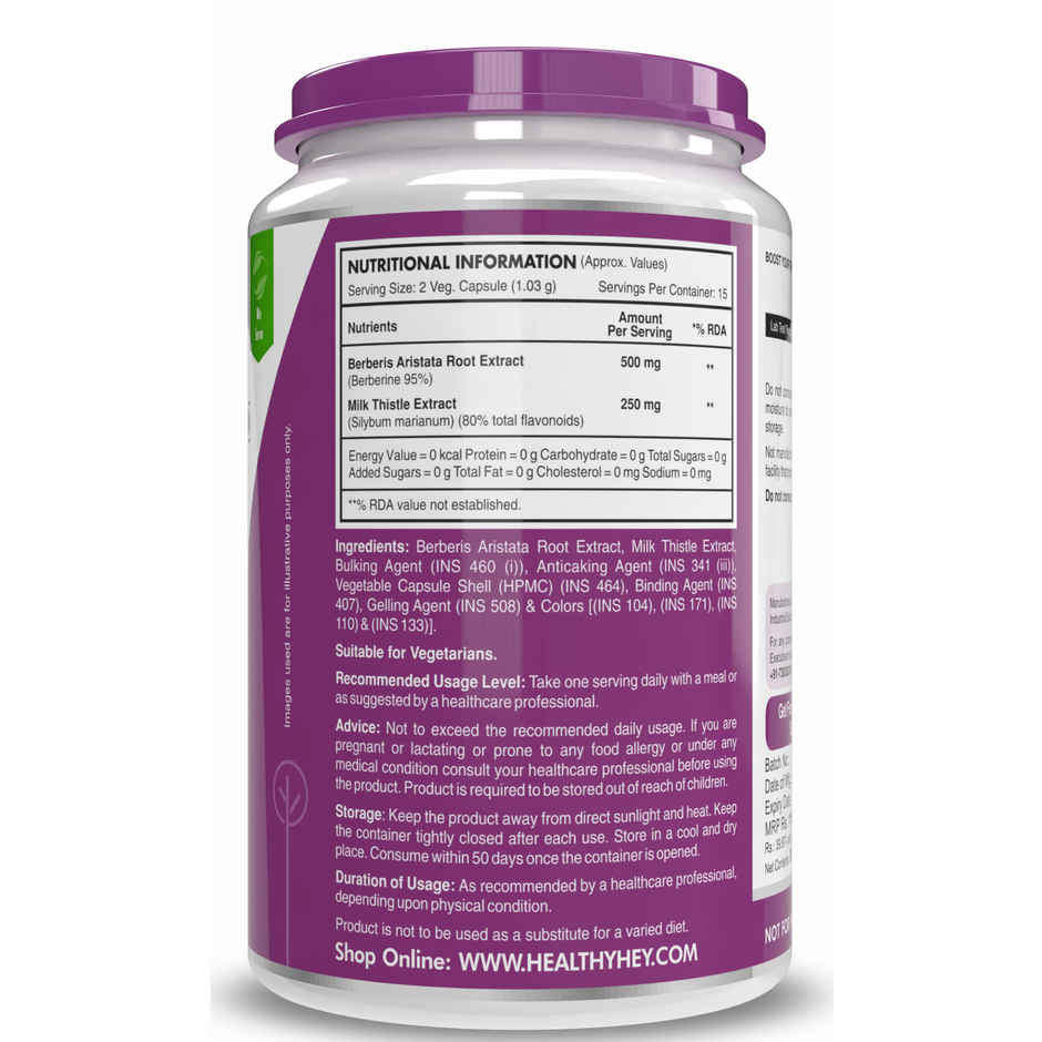 HealthyHey Berberis Berberine 95% with Milk Thistle | Weight Management Supplement | 750 mg | Veg