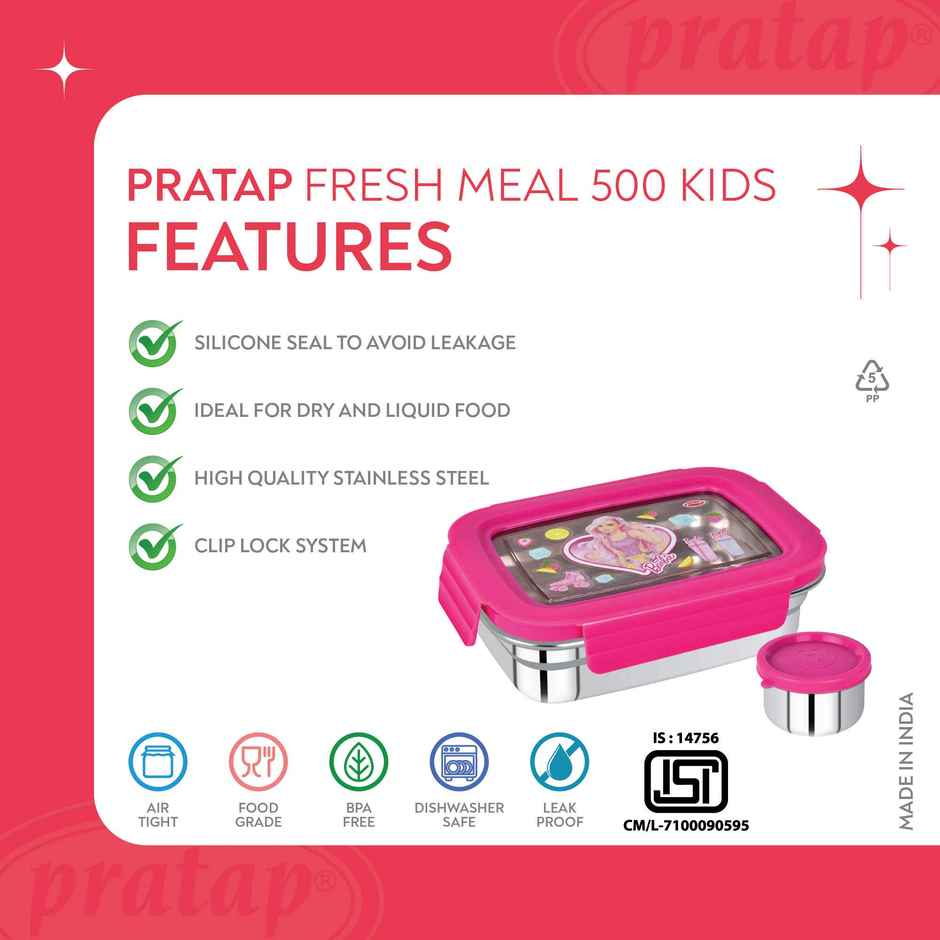 Fresh Meal Kids Stainless Steel Lunch Box Barbie Design | Pink - 500 ml 110 ml | PRATAP