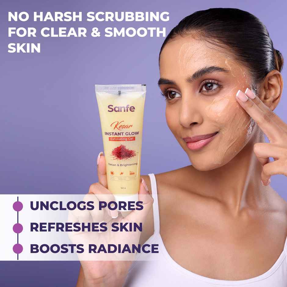 Sanfe Kesar Instant Glow Exfoliating Gel - Visibly Removes Tan, Brighten Skin, AHA Exfoliation