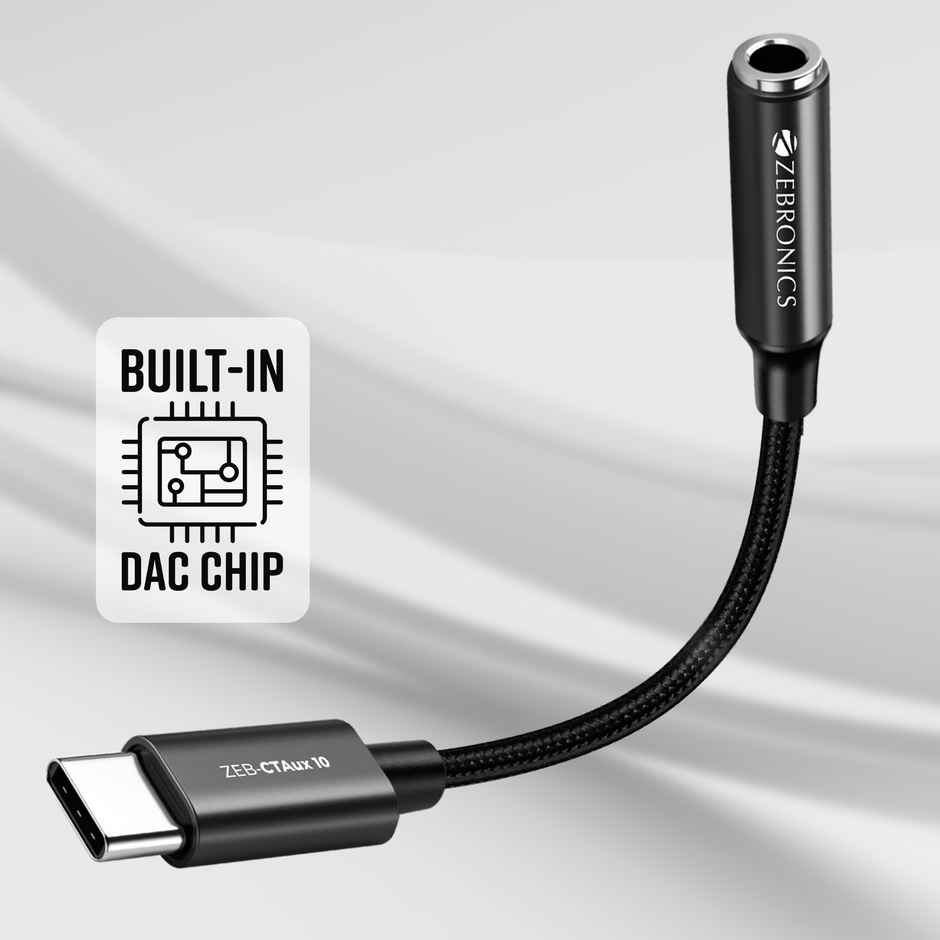 Zebronics CTAux10 Type C to 3.5mm Converter, Built-in DAC Chip, Supports Mic & Audio, Metal Body, Braided Cable, for iPhone 16 series, 15 series, Samsung, Android & Type C Smartphones, Tablets, Laptop - Black