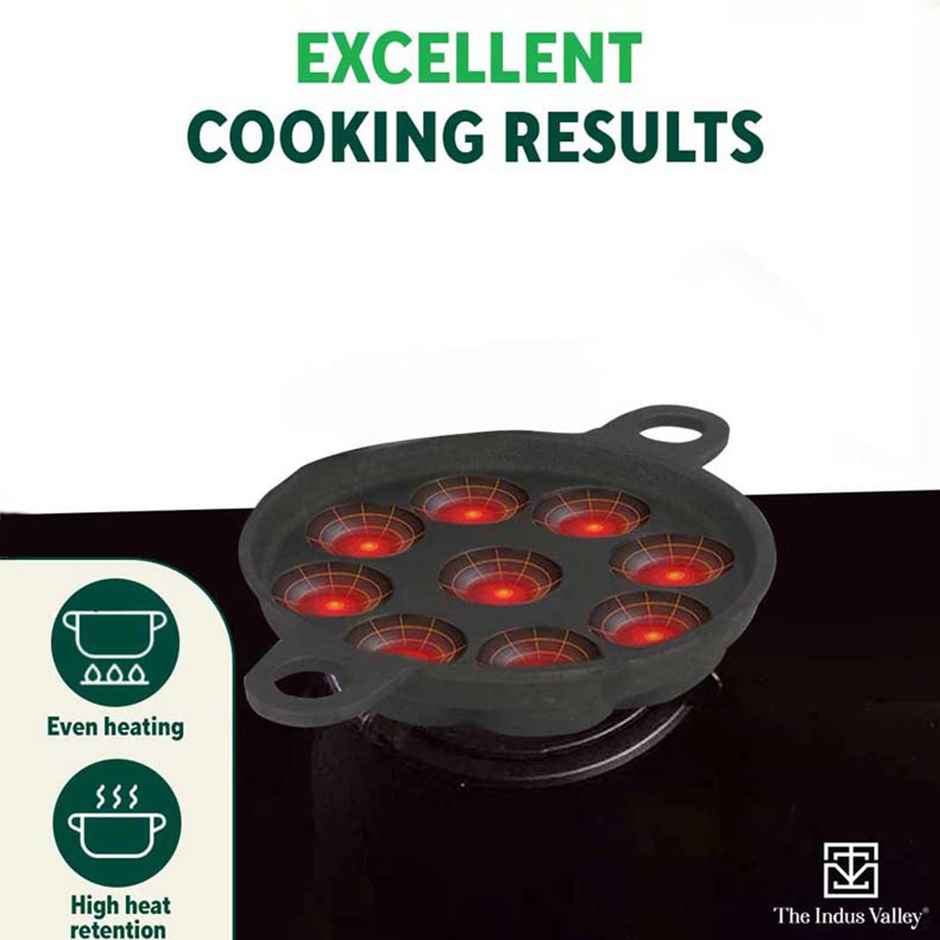The Indus Valley Super Smooth Cast Iron Paniyaram Pan with Glass Lid | 9 Pit, 20.8cm/8.2inch, 2.7kg