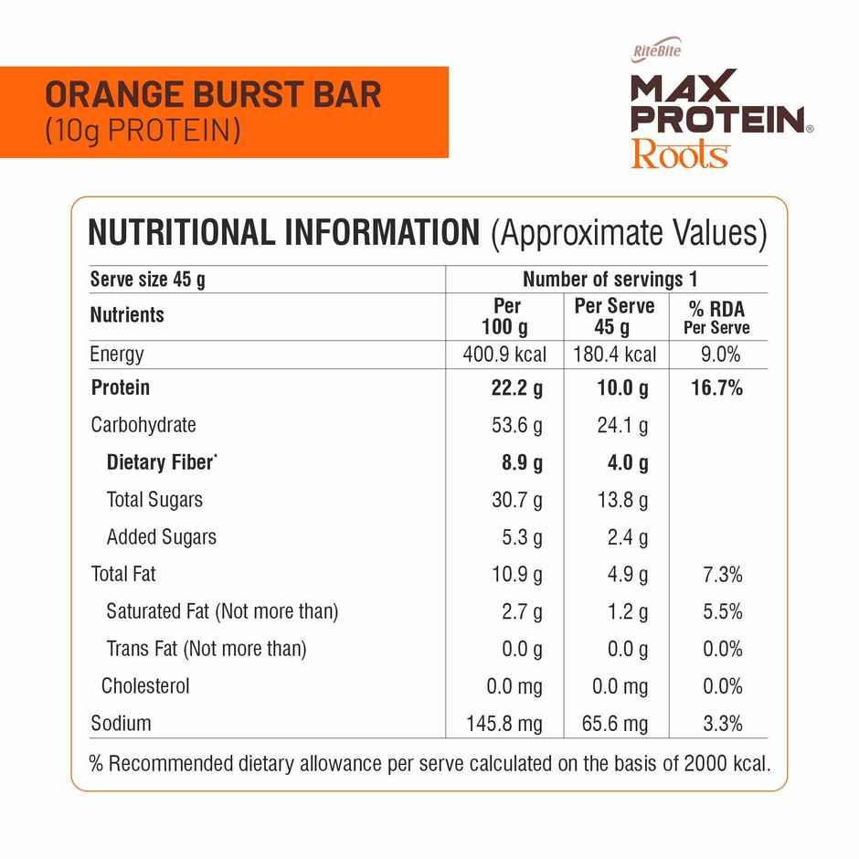 Max Protein Roots Ghee Jaggery 10g Protein Bar | Orange Burst | No Palm Oil | 4g Fiber