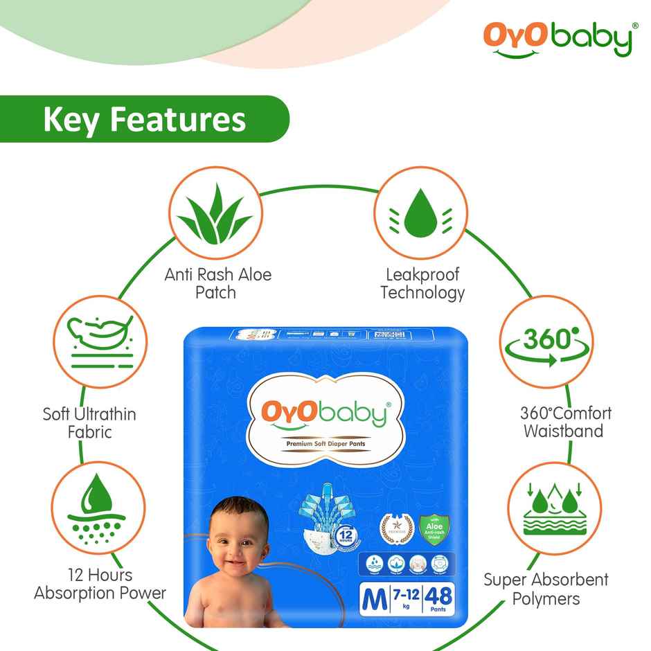 Oyo Baby Diaper Pants M Size Pack Of 48 With Upto 12Hr Protection For Babies Of 7 To 12Kg