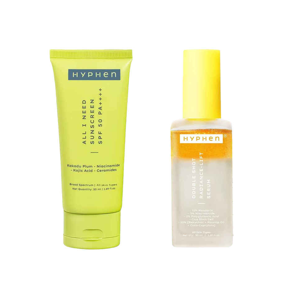 Hyphen All I Need Sunscreen Spf 50 Pa ++++ | Lightweight Sun Cream (50ml) & Hyphen 18% Brightening + 20% Collagen Double Serum | 5% Niacinamide For Dark Spots (50ml) Combo