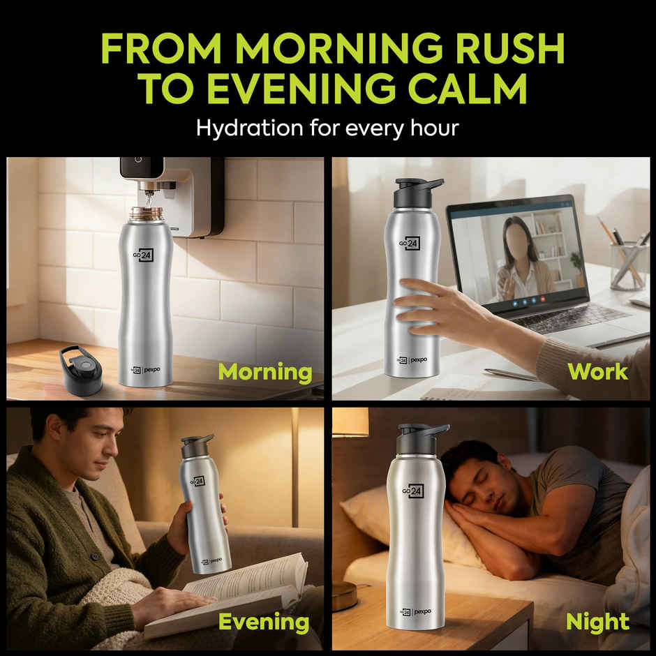 Go24 | Pexpo Bistro 1000 ml Sports And Hiking Stainless Steel Water Bottle (Pack Of 1 Silver Steel)