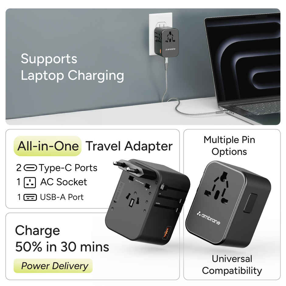 Ambrane Universal Travel Adapter Charger with 65W Laptop | MacBook & Mobile Charging | Black