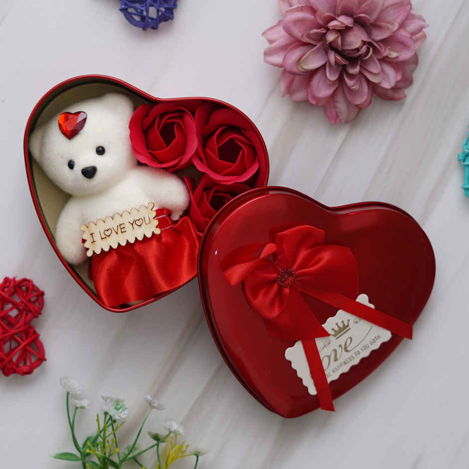 eCraftIndia Heart Shaped Valentine's Day Gift Box with I Love You, White Teddy Bear and 3 Red Roses