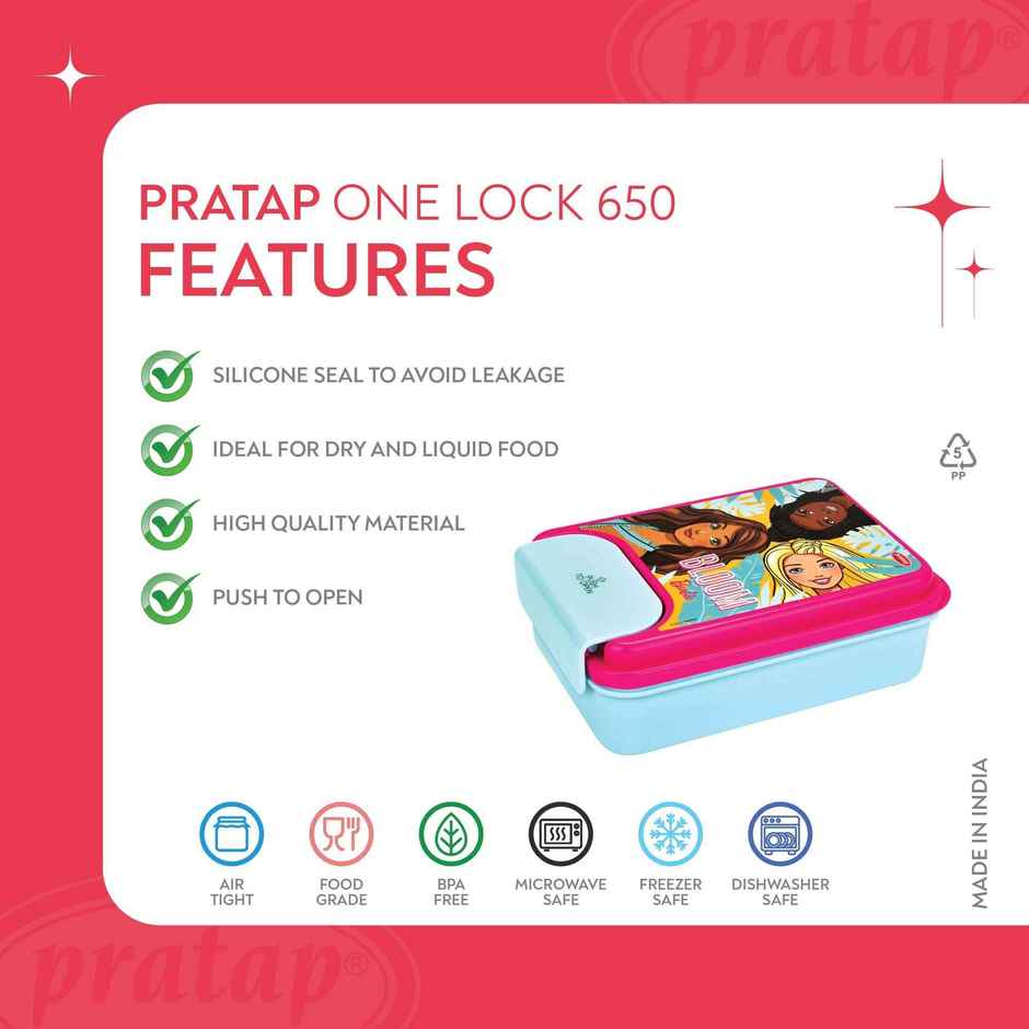 Barbie One Lock 650 Kids Lunch Box Airtight | Leak Proof , BPA Free | PRATAP