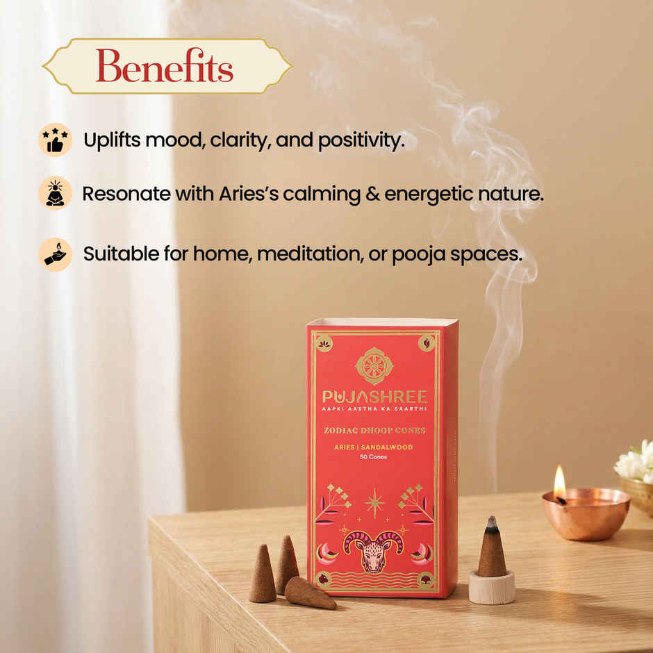 Pujashree Zodiac Dhoop Cones Aries, Chandan | 50 Cones