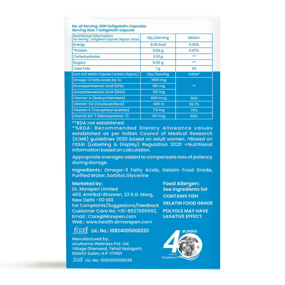 Dr. Morepen Omega-3 Fish Oil 1000mg Capsules with Vitamin A,E & D3 No Fishy Burps