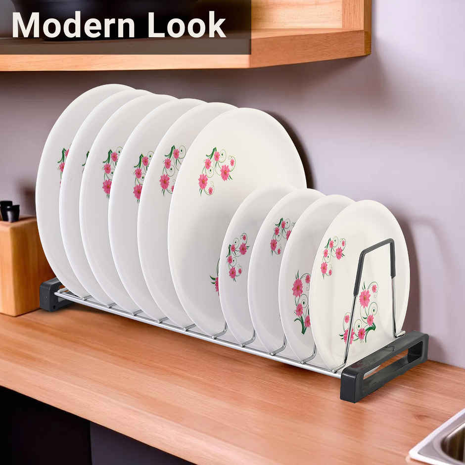 Kuber Industries Stainless Steel Plate Stand | 20 Inch Crockery Organizer | Silver & Grey