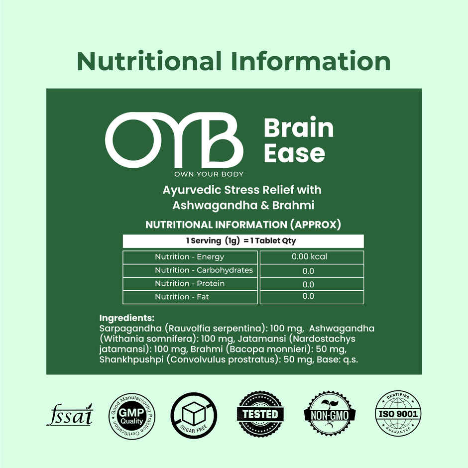 OYB Brain Ease Stress Relief with Ashwagandha & Brahmi for Calm Mind, Focus & Anxiety | 30 Tablets