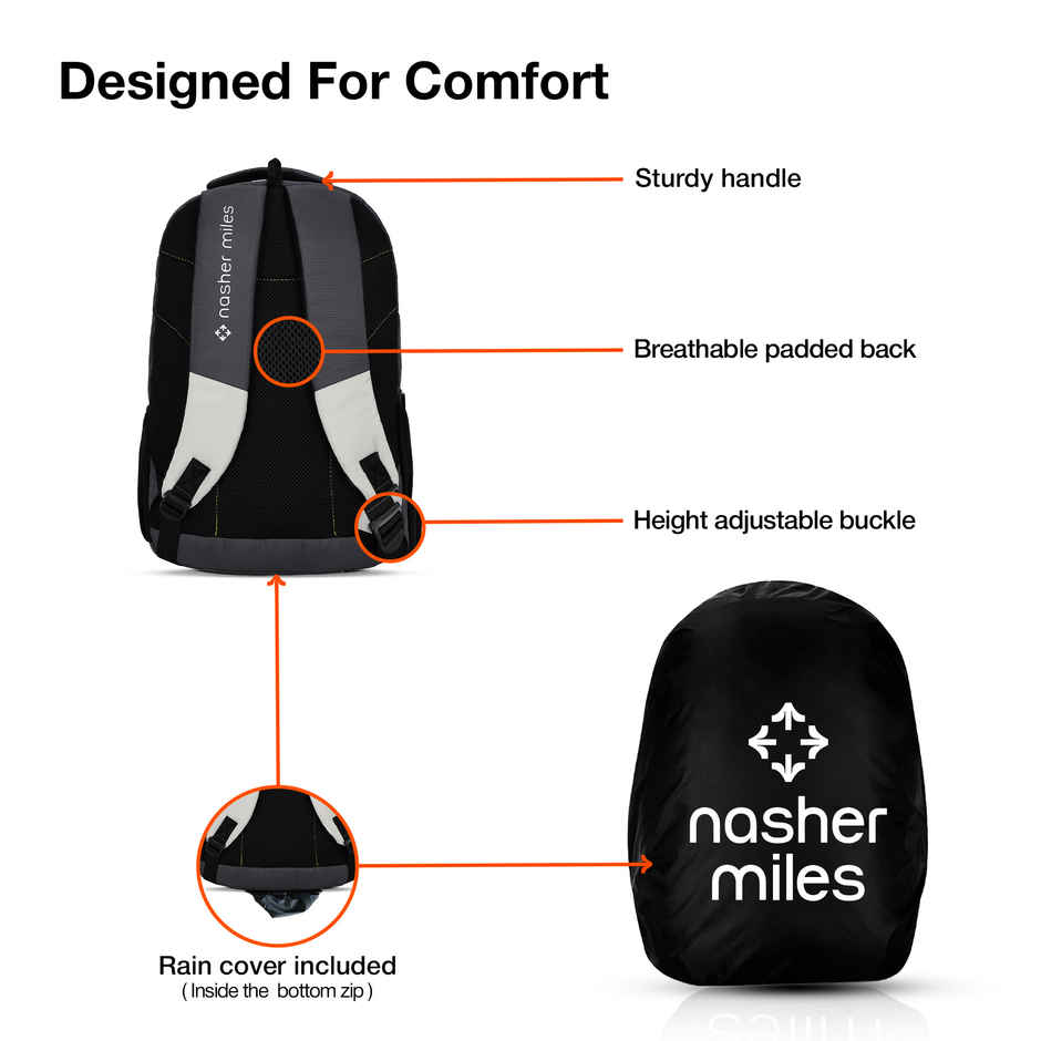 Nasher Miles Pulse Backpack- Unisex- 3 Compartment Casual College Bag- Grey- 45L