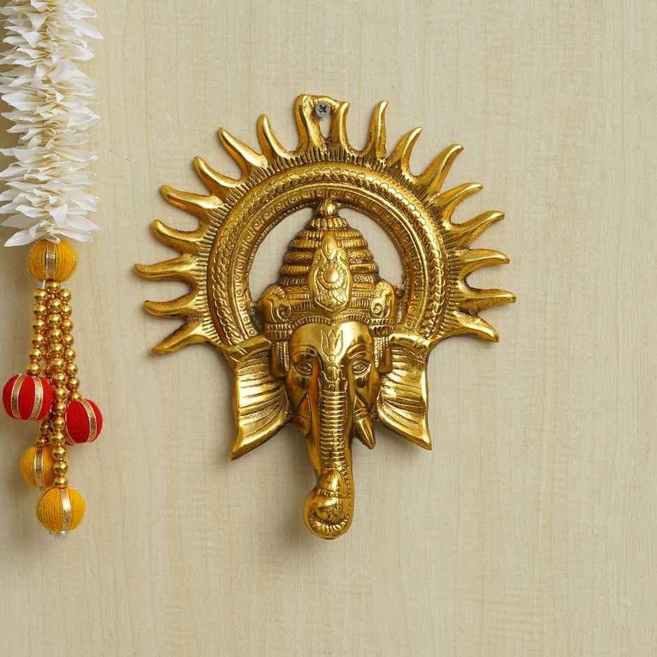 Golden Lord Ganesha Face With Sun Decorative Metal Wall Hanging Showpiece | Ecraftindia