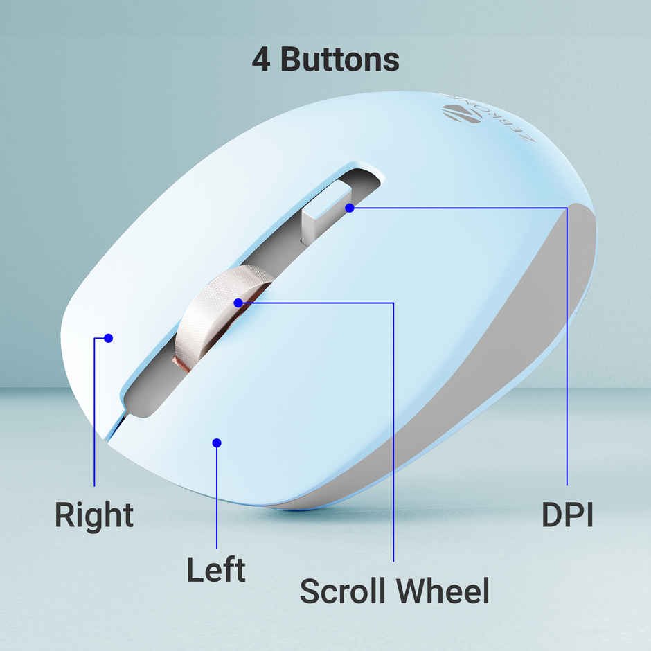 Zeb-Jaguar Wireless Mouse, 2.4Ghz With Usb Nano Receiver, High 4 Buttons (Light Blue+Grey)