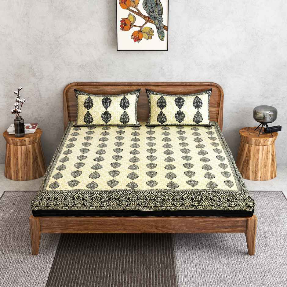 Furnofy 100% Cotton Jaipuri Print King Size Bedsheet | 90 x 108" with 2 Pillow Covers | W&B
