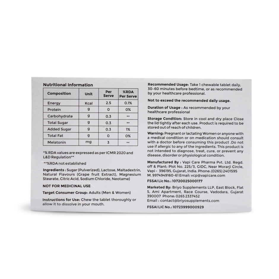 Briyo Melatonin 3 mg Natural Grape Flavoured Chewable Tablets Restful Sleep Support Sleep Aid