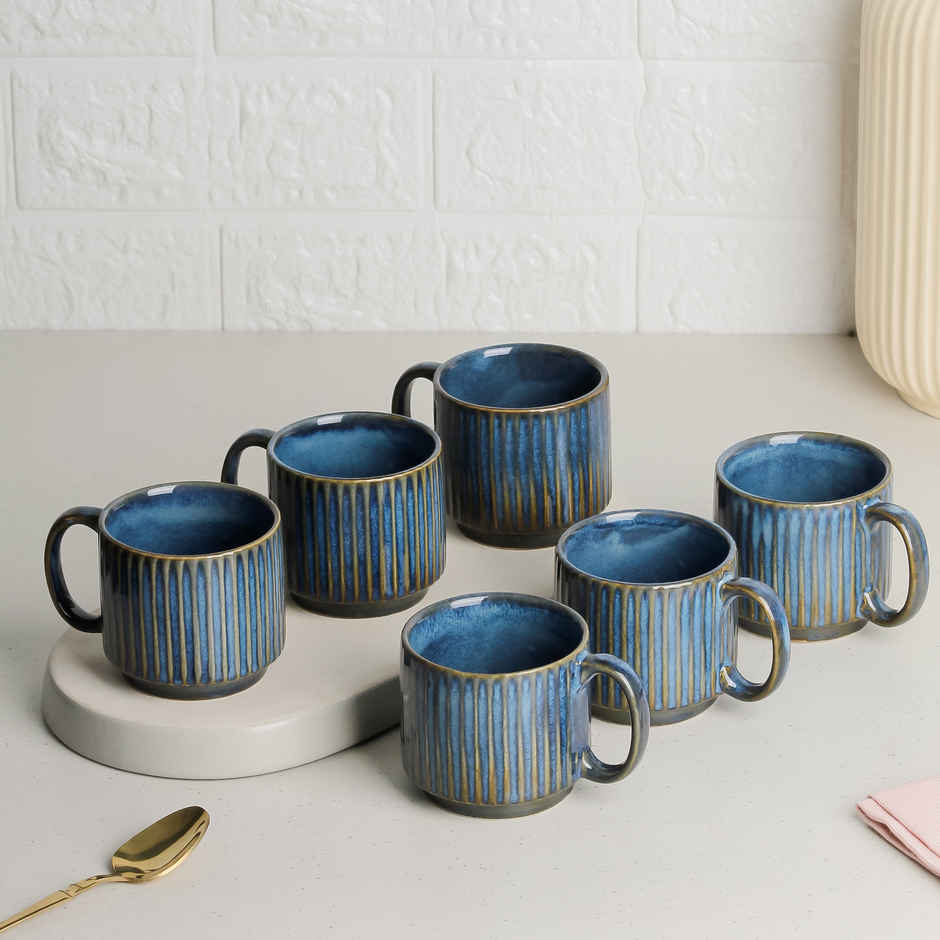 The Earth Store Glam Blue Fringe Premium Stackable Ceramic Tea Cup | Blue - 160 ml