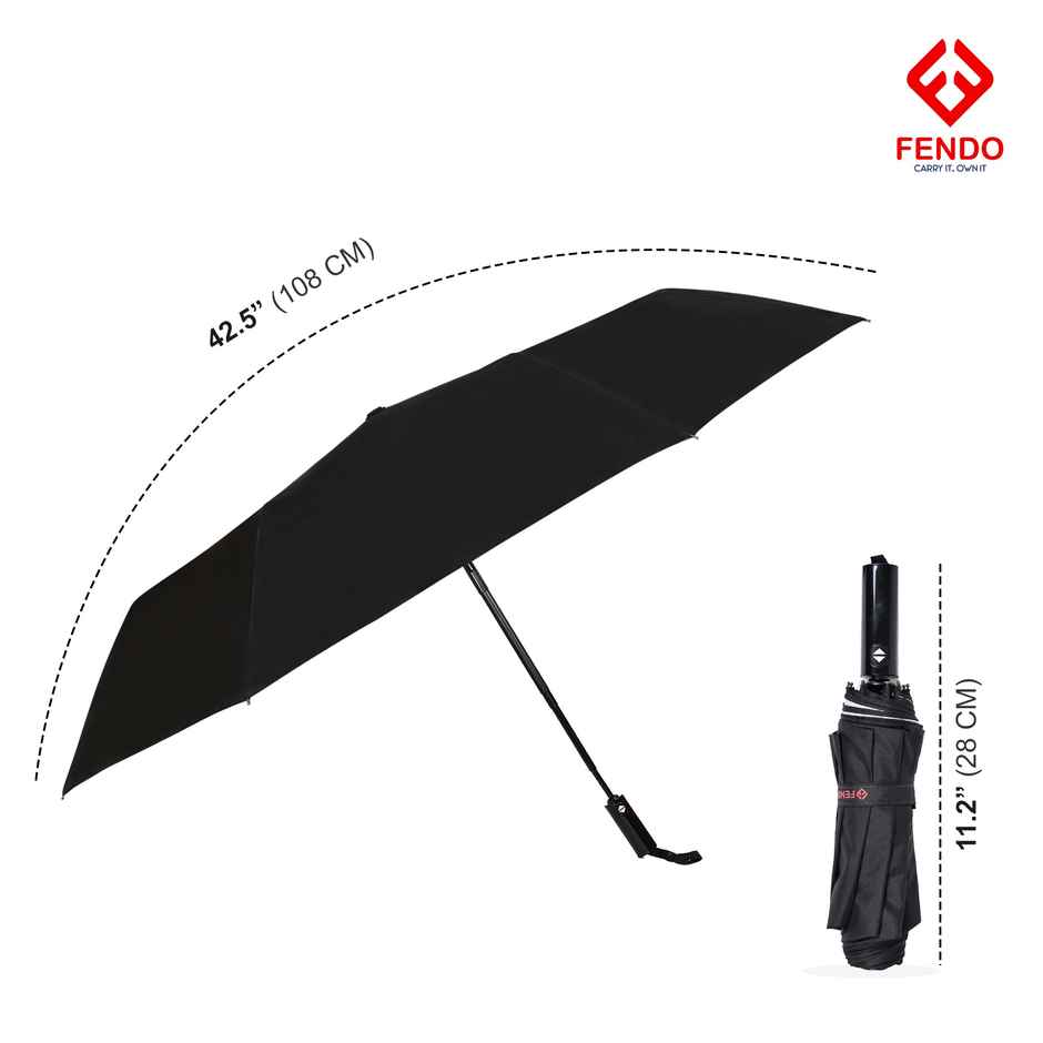 Fendo 3-Fold Auto Open Close Umbrella | Compact, Windproof, UV Coated | Black - 23.5 in