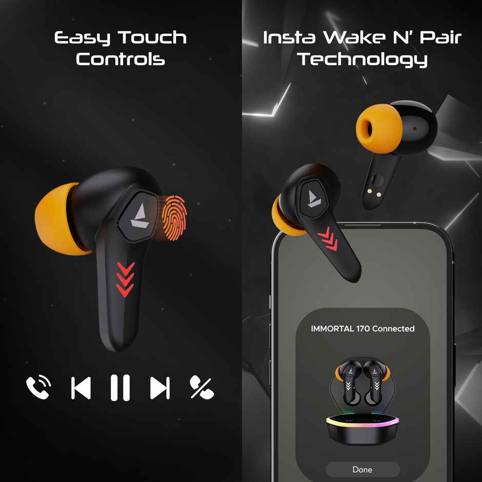 boAt Immortal 170 TWS Earbuds for Gaming with 40H Playtime, BEAST Mode & RGB LEDs - Black Sabre