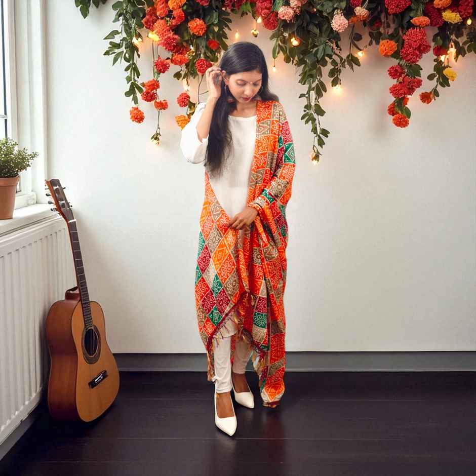 Multicolor Print Dupatta with Red Base | House of Festivals