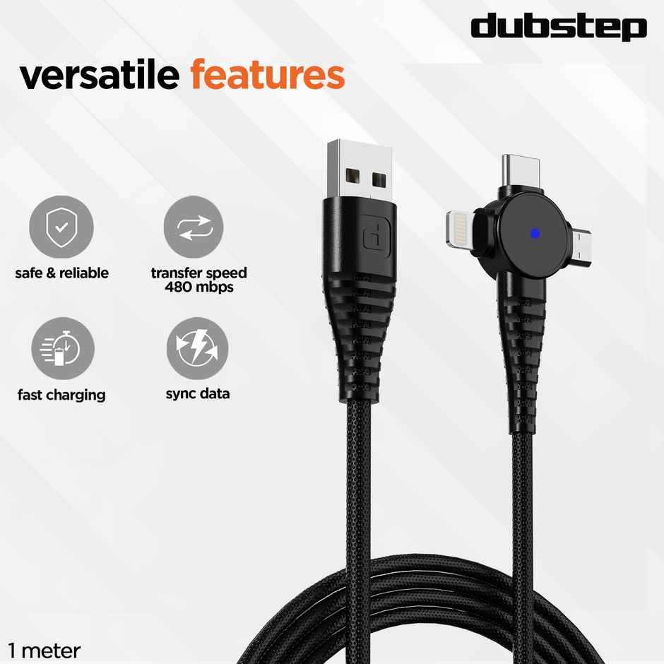 Dubstep Blaze Trinity 50W 3 In 1 Fast Charging Multipurpose Cable (Type-C + Micro + Type-L, Black)