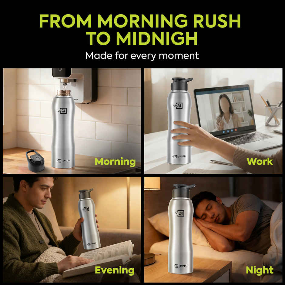 Go24 | Pexpo Bistro 1000 ml Sports And Hiking Stainless Steel Water Bottle (Pack Of 1 Silver Steel)