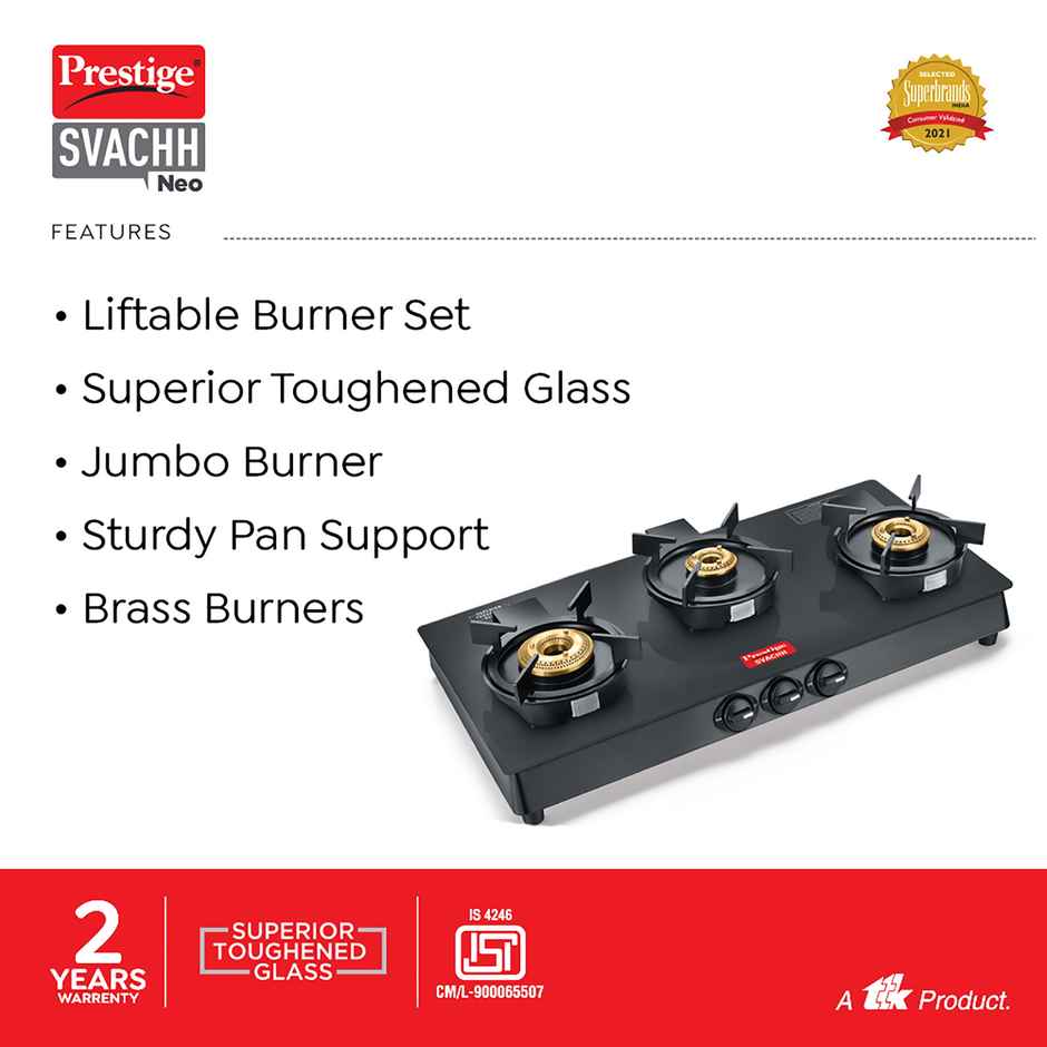 Prestige 3 Burner Svachh Neo GTSN 03 Toughened Glasstop Gas Stove | Liftable Burners | Black