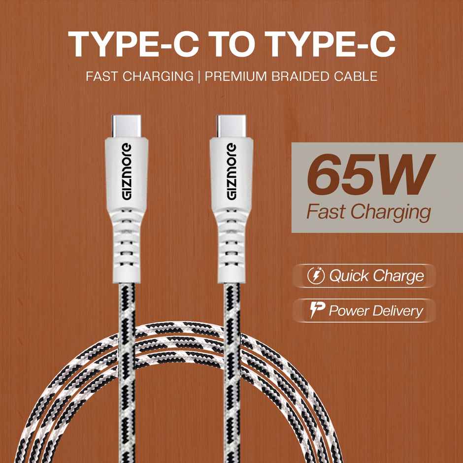 Gizmore (WCC65) 65W Type C To Type C Fast Charging Cable For Smartphones and Laptops, 1M, Premium Braided - Black & White