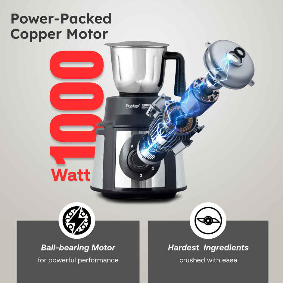 Prestige Endura 1000 Watts Mixer Grinder, Heavy-Duty Ball Bearing Copper Motor, 3 SS+1 Juicer, Black